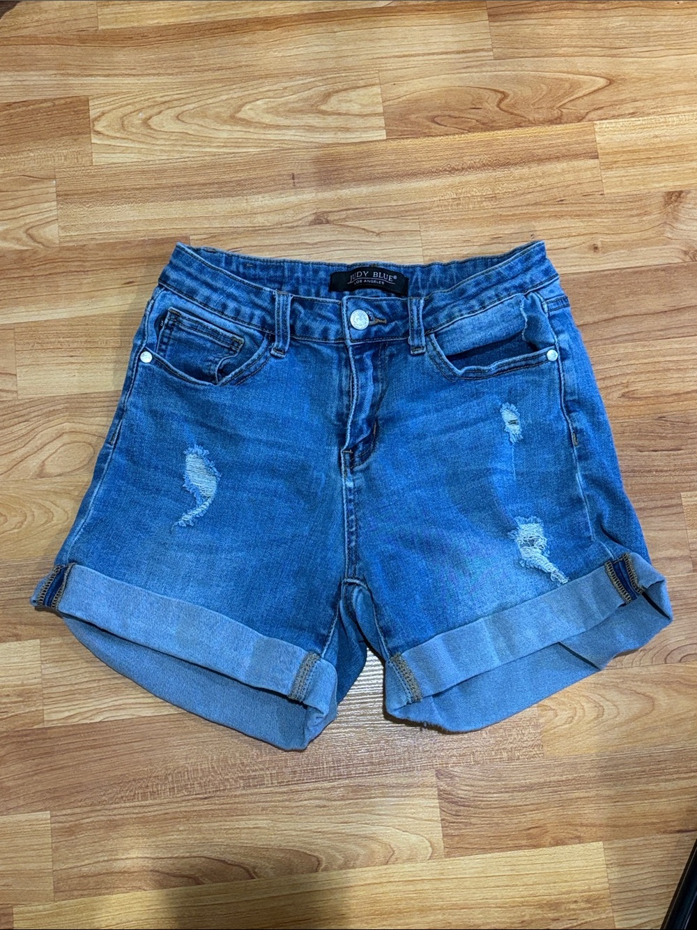 Judy Blue Distressed Rolled-Hem Denim Shorts - Blue - Picture 1 of 5